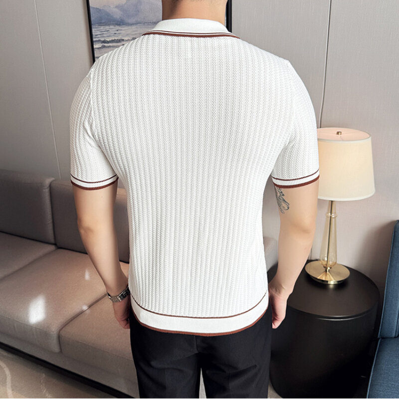 Camisas polo de manga curta masculina, camisas slim fit, design com zíper, tops listras, alta qualidade, malha, cor sólida, masculino, 3XL