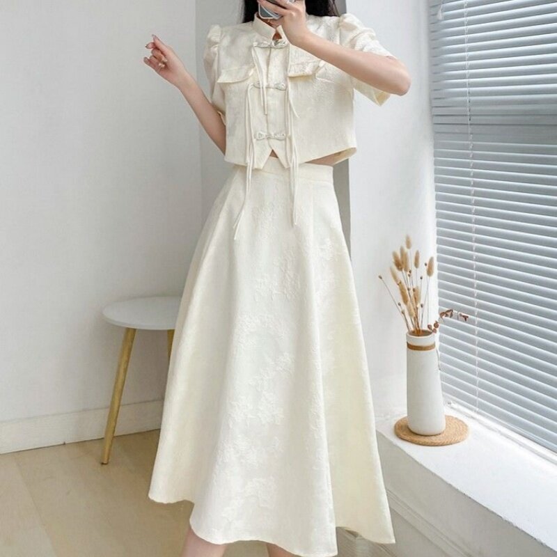 Qipao-Top chino de manga corta para mujer, conjunto de dos piezas adelgazantes, falda larga, novedad de verano, 2024