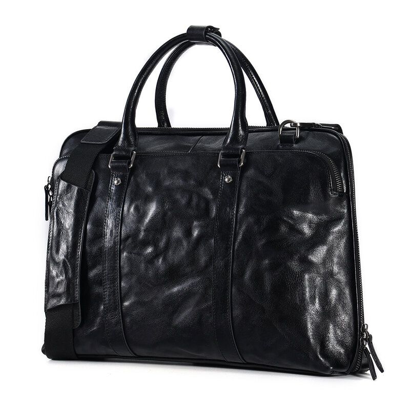Hand Grab Eextured Vegetable-tanned Leather Business Retro Briefcase Men Bag Shoulder Bag Genuine Leather Laptop Handbag