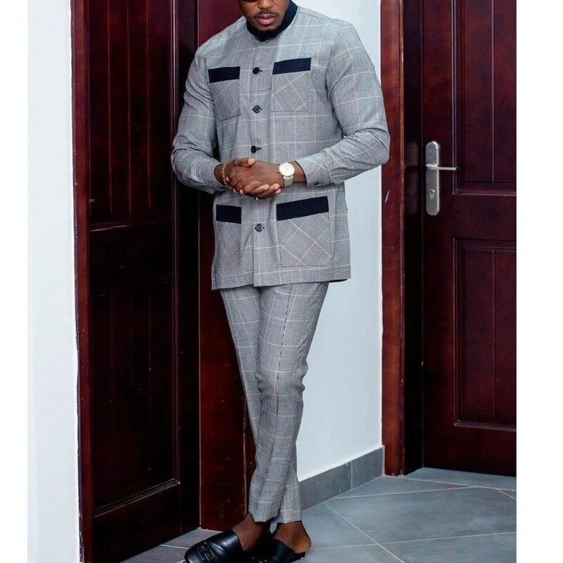 2024 elegante abito di lusso da uomo in stile africano a righe scozzesi abito monopetto e pantaloni 2 pezzi abito da lavoro Casual per uomo