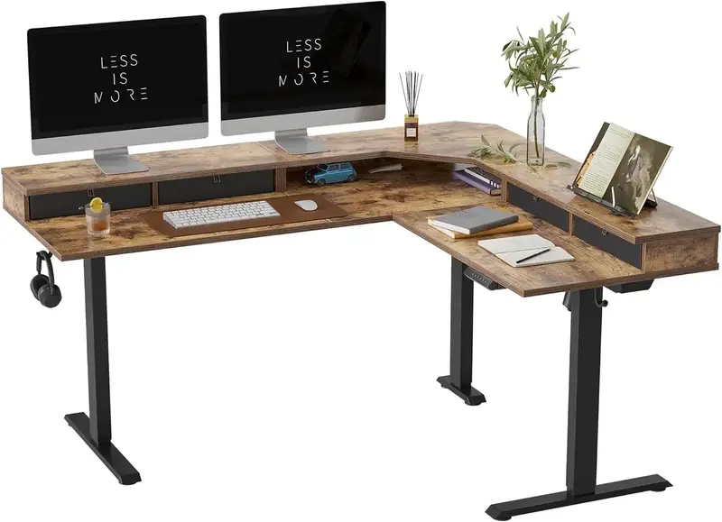 Fezibo โต๊ะพับได้รูปตัว L ขนาด63นิ้วพร้อมลิ้นชัก4อันโต๊ะเล่นเกมไฟฟ้าปรับความสูงได้อุปกรณ์เฟอร์นิเจอร์