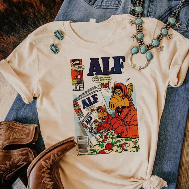 Camiseta gráfica japonesa feminina, designer feminina engraçada de quadrinhos, Alf Top, Y2K