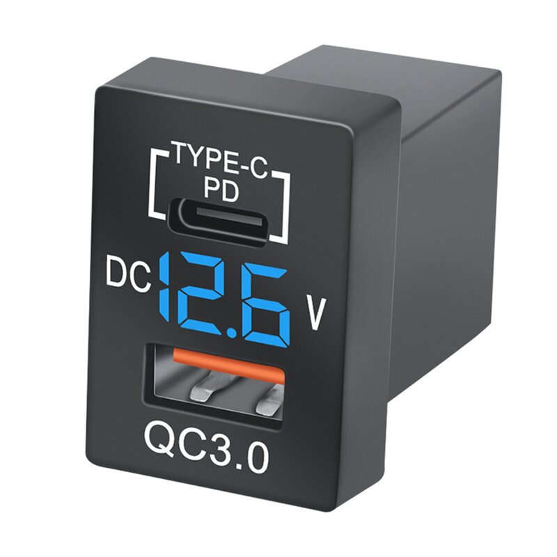 Pengisi daya mobil soket PD tipe-c, pengisi daya baru QC3.0 USB dengan Voltmeter Digital LED biru untuk Toyota baru isi daya Cepat