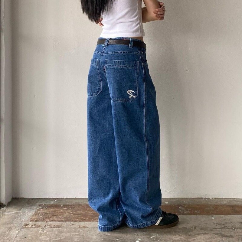 HOUZHOU Y2k celana Jeans longgar wanita, celana Denim bordir saku Vintage ukuran besar kasual Korea longgar kaki lebar jalan tinggi