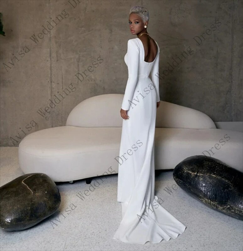 Elegancka kwadratowa dekolt z długim rękawem krepowa biała suknia ślubna na zamek błyskawiczny tylna kolejka suknia ślubna vestido de noiva 2024