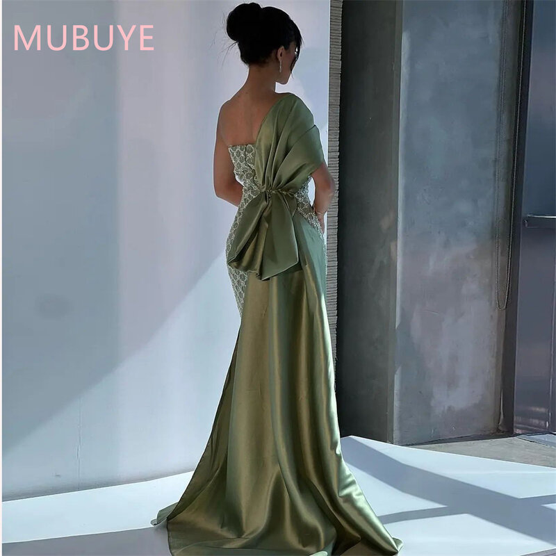 MOBUYE 2024 Arab Dubai One Shoulder Prom Dress Short Sleeves Ankle Length Evening Fashion Elegant Party Dress For Women