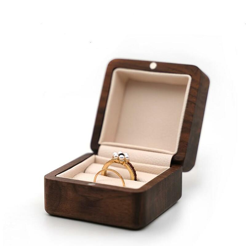 Kotak perhiasan kayu hitam cincin Walnut, kotak Display hadiah Organizer anting untuk Hari Valentine Hari Pernikahan