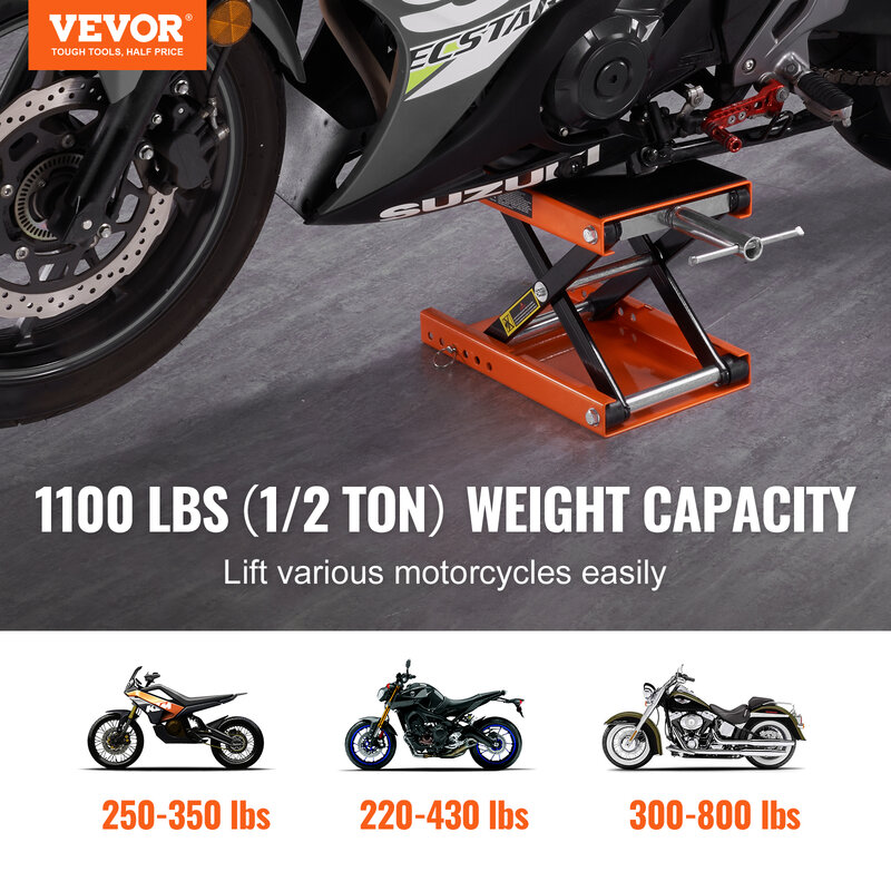 VEVOR pengangkat gunting sepeda motor, kapasitas 350/1100/1500 LBS dengan dek lebar & Pin keamanan untuk sepeda motor