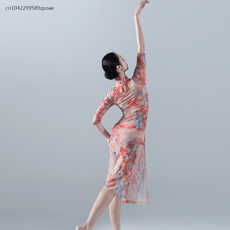 Classical Dance Rhyme Gauze Stand-up Collar Slim Fitting Improved Cheongsam High Slit Hip Covering Dress Practice Clothing Women