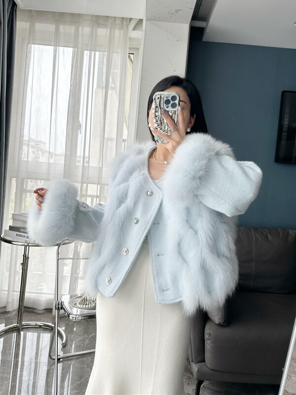 Natural Real Fox Fur Coats for Ladies, Woolen Coats, Korean Design, Luxury Fashion, New, 2023