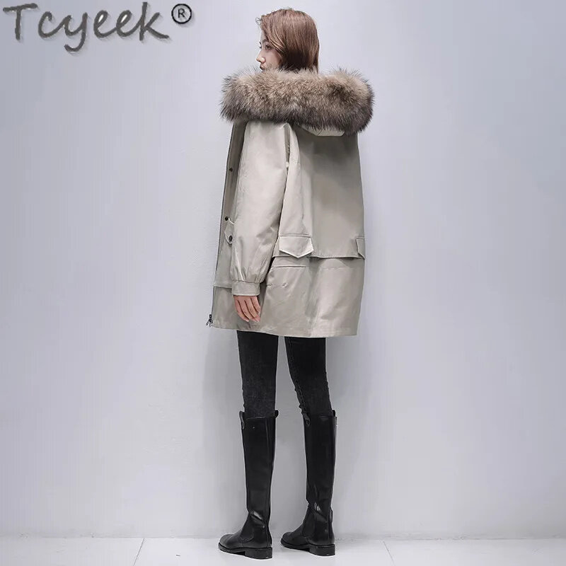 Tcyeek-Parka mi-longue pour femme avec col en fourrure de raton laveur, veste coréenne amovible, doublure de lapin Rex, vêtements chauds pour l'hiver, 23