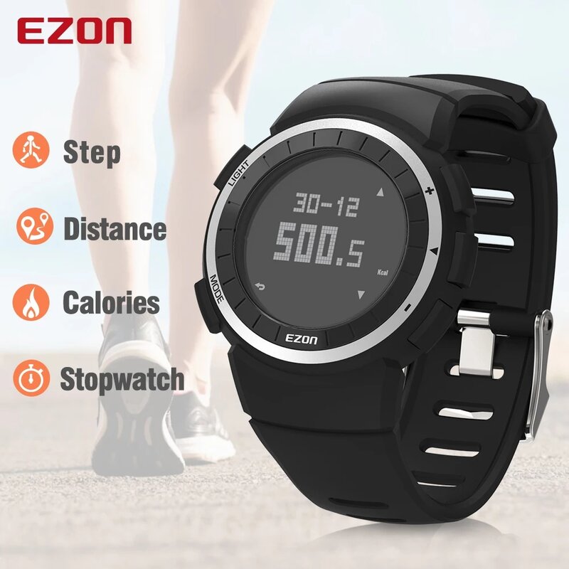 EZON jam tangan pria wanita, olahraga luar ruangan Pedometer kalori kronograf gaya Fitness tahan air 50m jam tangan Digital T029