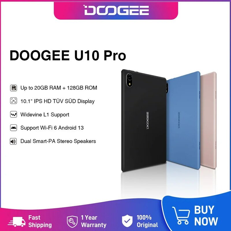 Tablet Pro U10 Doogee 20GB(8 + 12) 128GB Quad Core 10.1 "IPS TÜV süd ได้รับการรับรองการสนับสนุน WiFi6 widevine L1 Android 13ลำโพงคู่