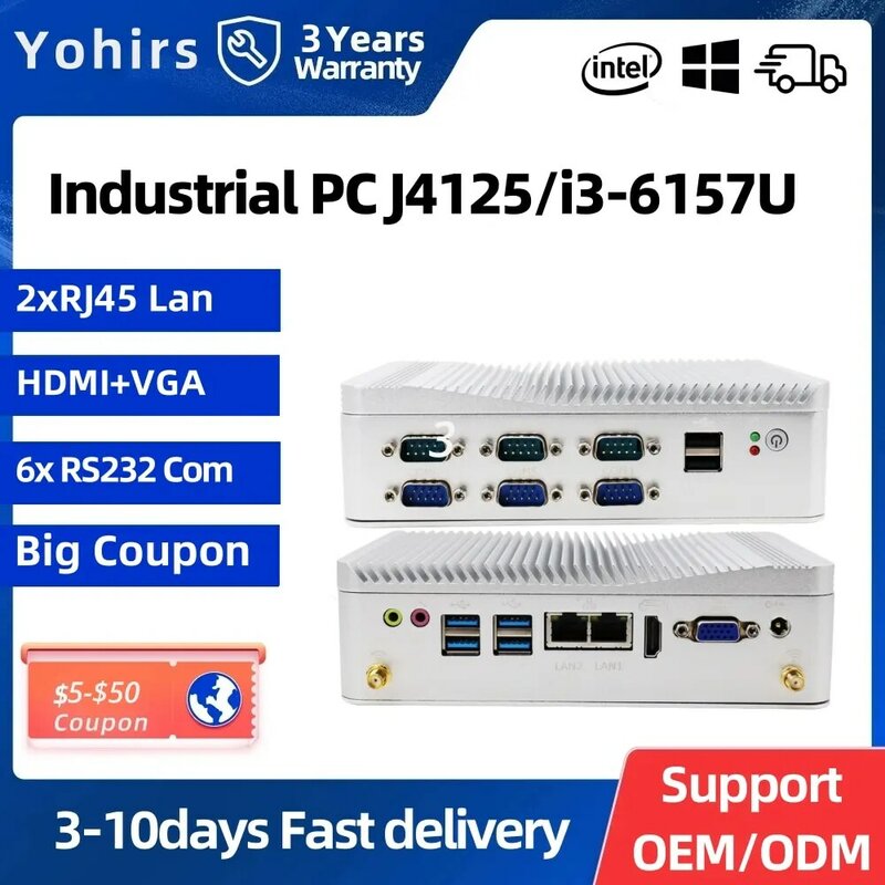 Yohirs дешевый Встроенный промышленный компьютер Core i3 8130U J4125 Dual 2,5G Lan 6 * RS232 COM HD VGA безвентиляторный все в одном ПК 3G 4G LTE