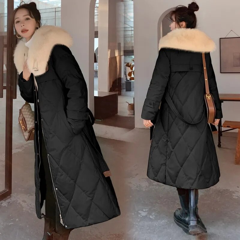Новинка Осень-зима 2023, теплая пуховая куртка с большим меховым воротником, женское модное пальто средней длины l-ength, женское хлопковое пуховое пальто