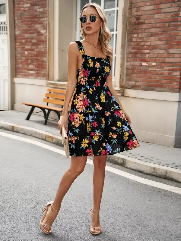 2024 New Summer Off Back Strap Dress for Women's Fragmented Flowers Sexy Short Strap Strap Stranded Beach Dress S-3XL