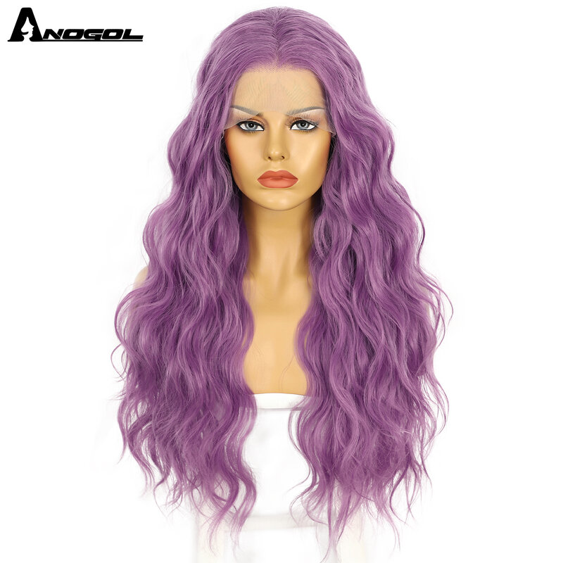 Anogol peruca sintética 13x3 fechamento de onda profunda perucas dianteiras do laço resistente ao calor encaracolado glueless peruca longa roxa para brasileiros femininos