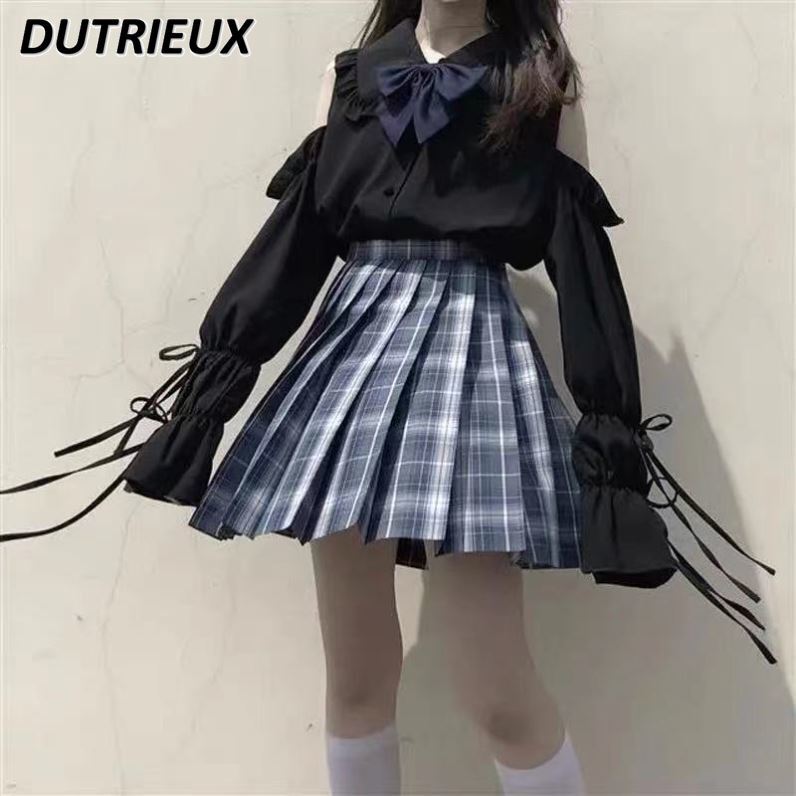 Camisa de uniforme JK de estilo japonés para mujer, lazo Lolita, manga de campana interior, cuello de muñeca, hombros descubiertos, Top de manga larga