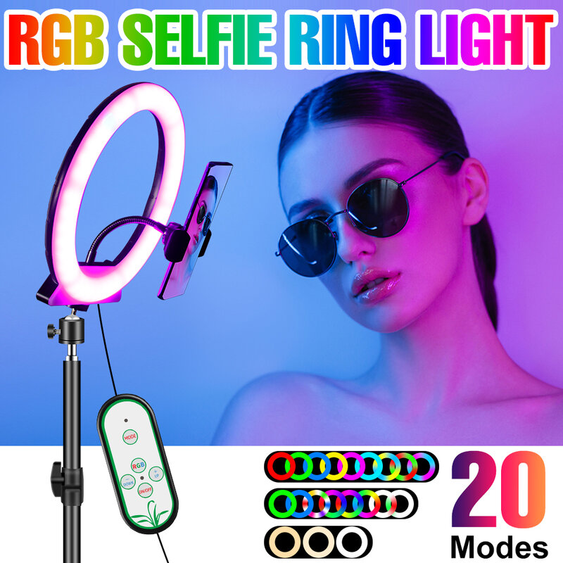 Lampu Cincin Swafoto RGB dengan Tripod Yang Dapat Disesuaikan Lampu Fotografi LED Lampu Bulat 5V Lampu Warna Lampu Video Fotografi Dapat Diredupkan
