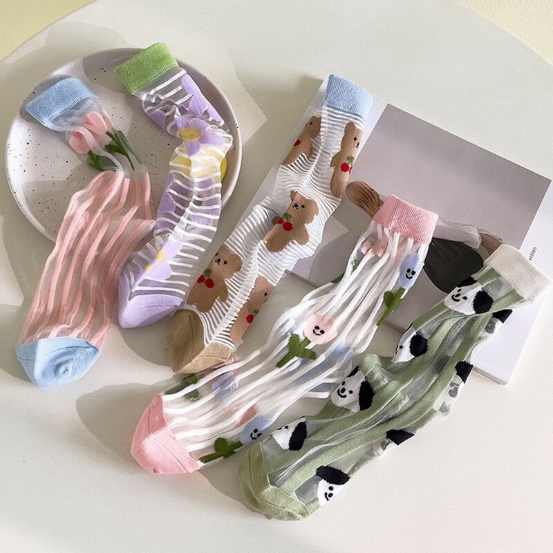 Meias de malha transparente para mulheres, estilo japonês, meias de animais, meias de flores, vidro de seda, tubo médio, doce