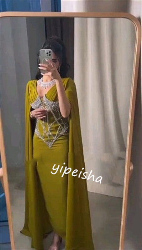Бальное платье для выпускного вечера, трикотажное Плиссированное Платье-футляр с V-образным вырезом и бисером, платье средней длины на заказ, Саудовская Аравия