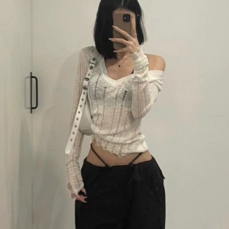 Deeptown Coquett Y2K Women's Knit Sweater Hollow Out Knitwear V Neck Pullovers Spring See Through Jumper Harajuku Fashion Grunge