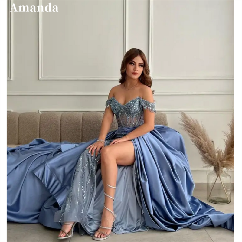 Amanda 2024 gaun Prom putri duyung payet mewah Vestido De Novia gaun malam terompet belahan samping 2024