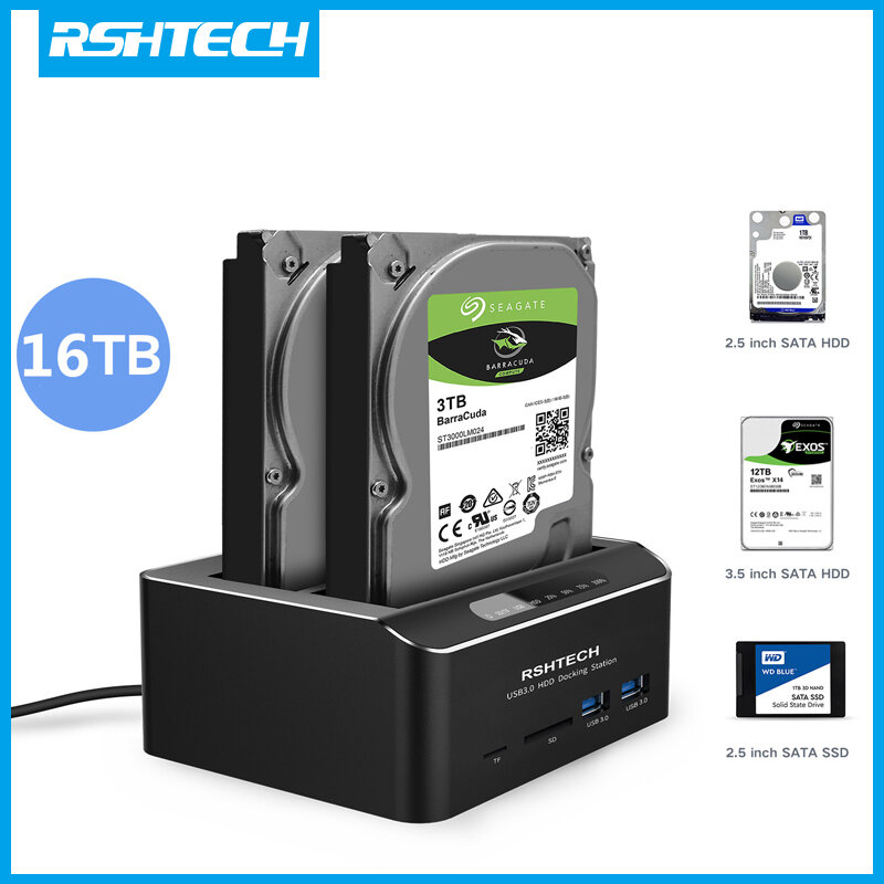 RSHTECH-HDD Docking Station, USB 3.0 para SATA, SSD Dock, Dual Bay, Gabinete de Disco Rígido Externo, Clone Offline, 2.5 ", 3.5"