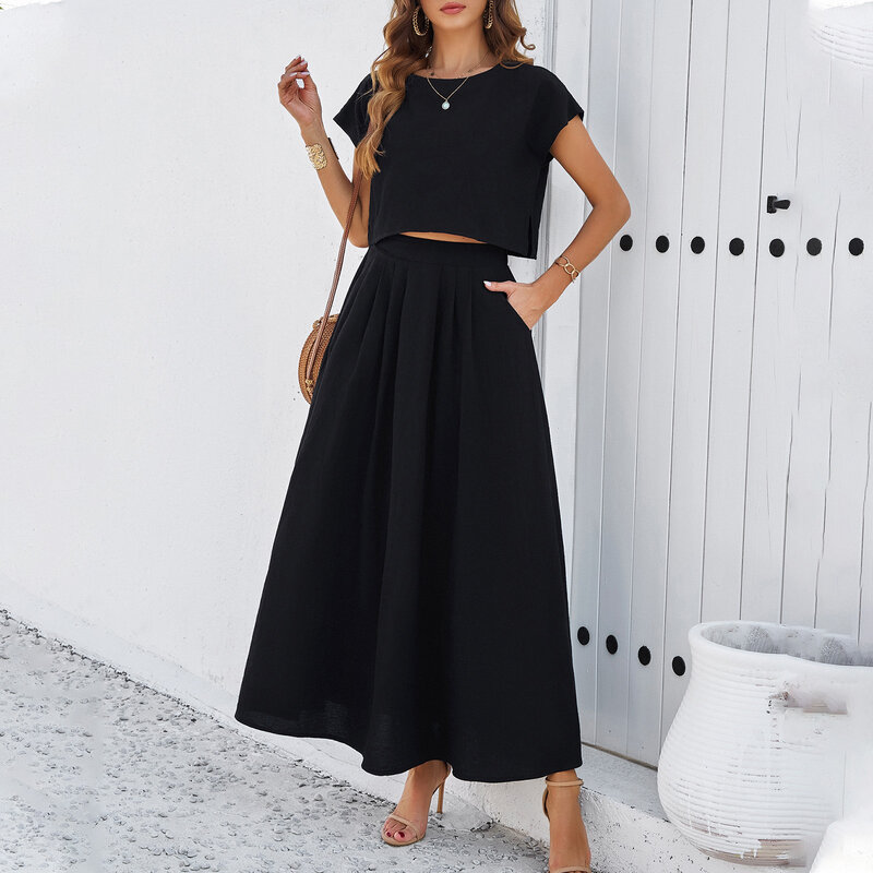 YEAE Casual Temperament Pure Colour Short Sleeve Long Skirt Women's Suit Summer Hot Fashion Women's Long Skirt Suit In New 2024