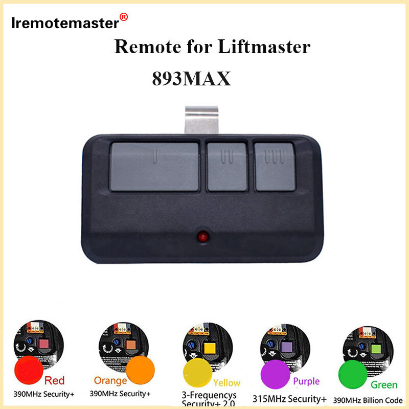 893MAX Remote Garage Door Opener for Liftmaster 893max Purple Red Orange Green Yellow Learn Button