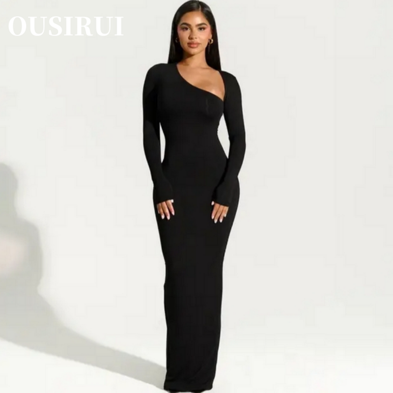 OUSIRUI 비대칭 긴팔 슬릿 맥시 드레스, 섹시한 블랙 이브닝 파티 원피스, 우아한 여성 의상, 2024 가을 겨울 신상