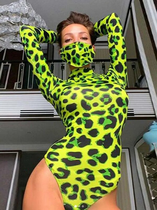 Barboteuses à manches longues en peau de léopard pour femmes, costume de batterie imprimé, vert néon, streetwear sexy, combinaison skinny, mode Y