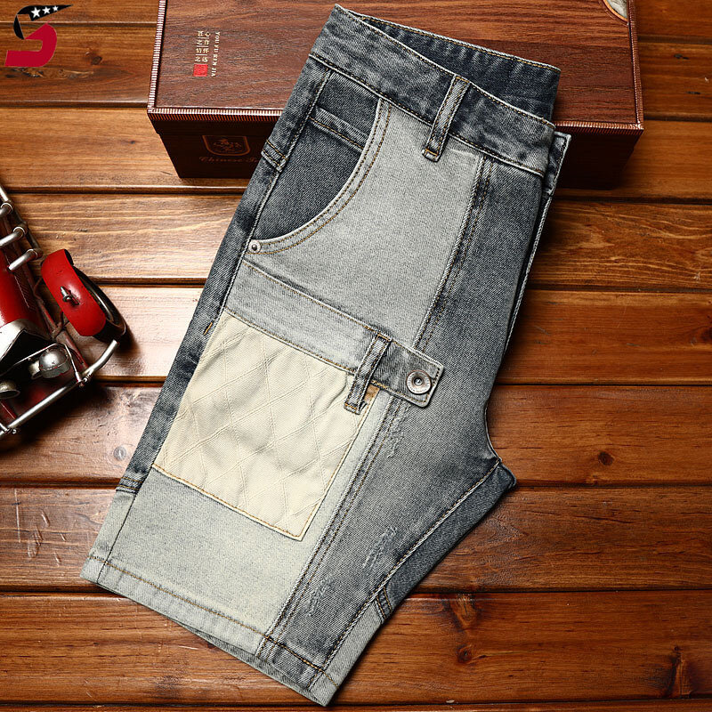 High-End Locomotive Denim Shorts for Men2024Summer Fashion Personality Stitching Design Casual Stretch Retro Cropped Pants