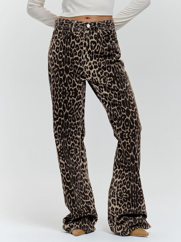 Y2k Leopard Print High Waist Cotton Pants Women Causal Loose Wide Leg Trousers Spring Ladies Retro Straight Streetwear