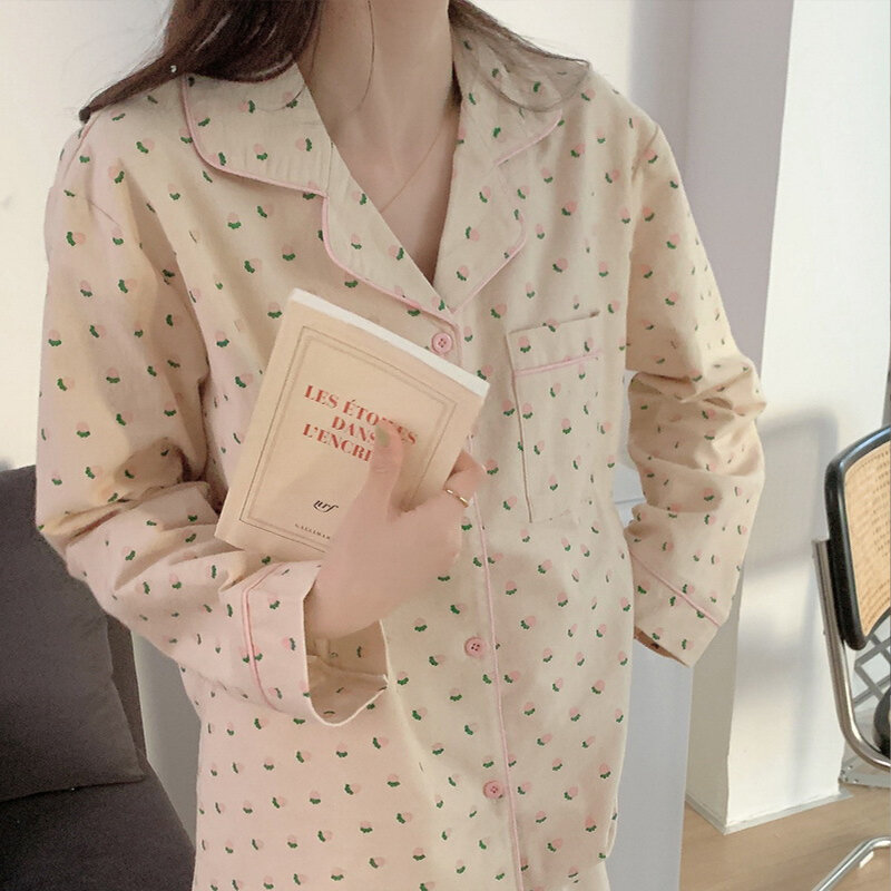Pijama coreano com impressão coração para as mulheres, pijama de algodão, manga longa, cardigã negligee, conjunto de verão
