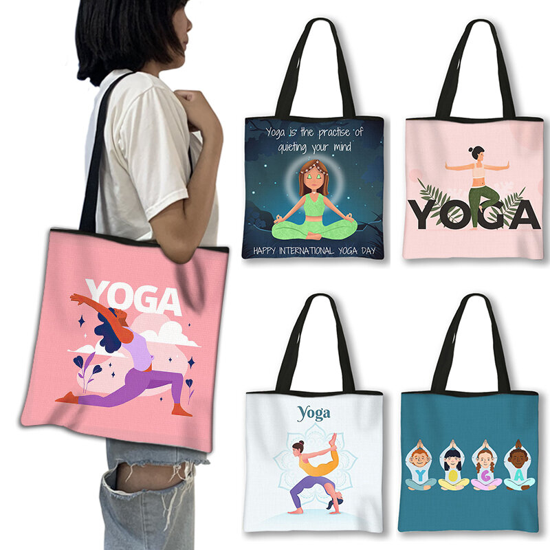 Casa elegante exercício ginásio yoga impressão bolsa de ombro feminina tote bags causal praia reutilizável grande capacidade saco de compras presente