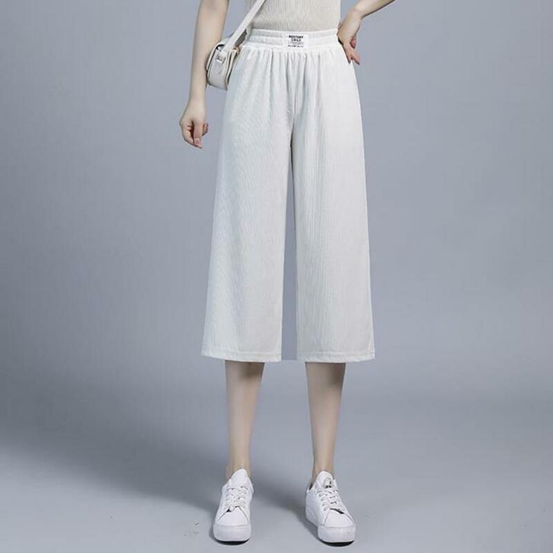 Calças elegantes cortadas para mulheres, bolsos com elástico na cintura, perna larga, ajuste solto, comprimento médio da panturrilha, verão