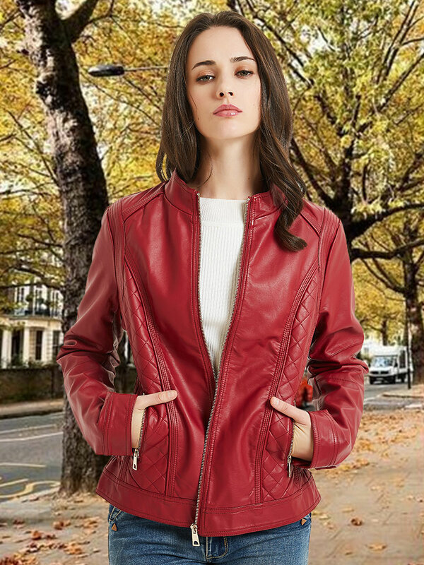 Giolshon-럭셔리 인조 가죽 캐주얼 자켓 여성용, 봄 가을 겨울 모토 바이커 스트리트웨어 코트 PU 자켓
