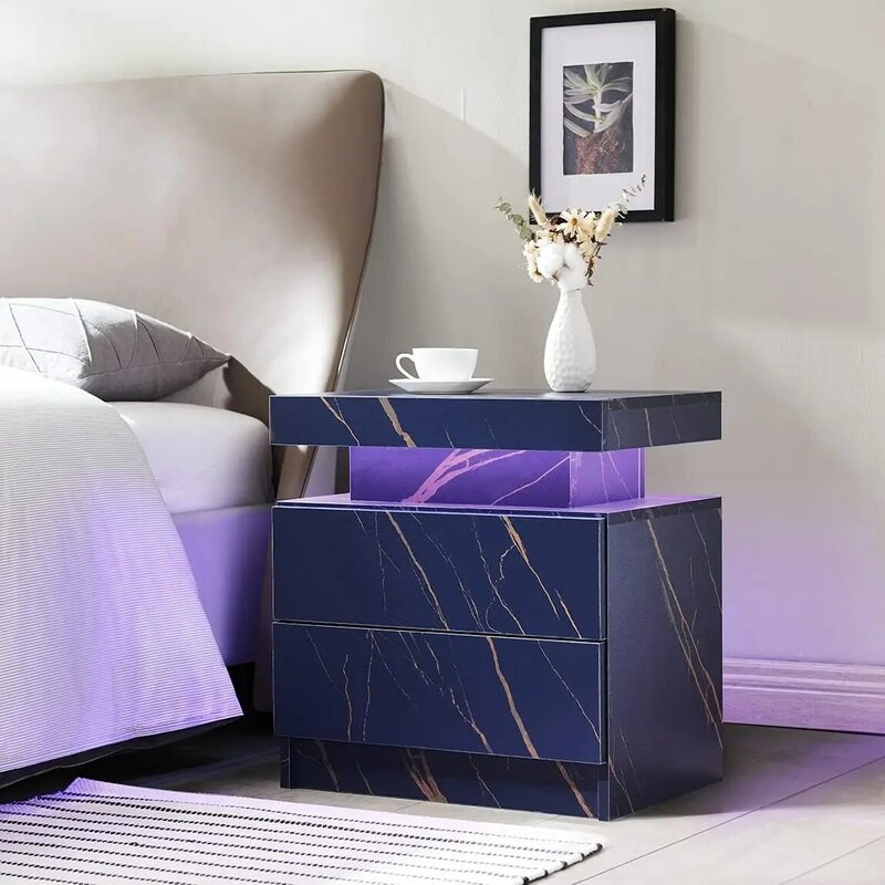 LED Nightstand LED Bedside Table with 2 Drawers, Wooden Cabinet Unit with LED Lights for Bedroom, End Table Side Table