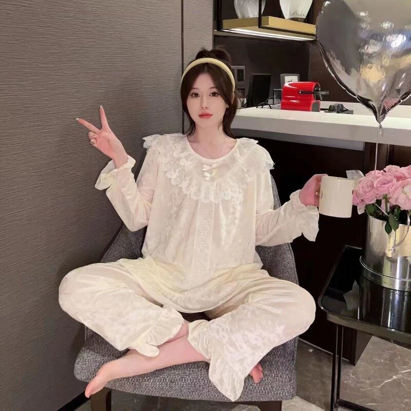 Palace style princess nightgown lady Autumn winter canary sweet lace spring autumn long sleeve trousers home dress two-piece set