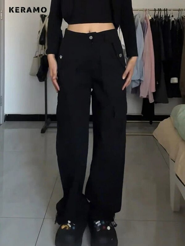 Jeans reto vintage americano de cintura alta para mulheres, calça folgada casual, perna larga Y2K, calça jeans preta sólida grunge, anos 2000