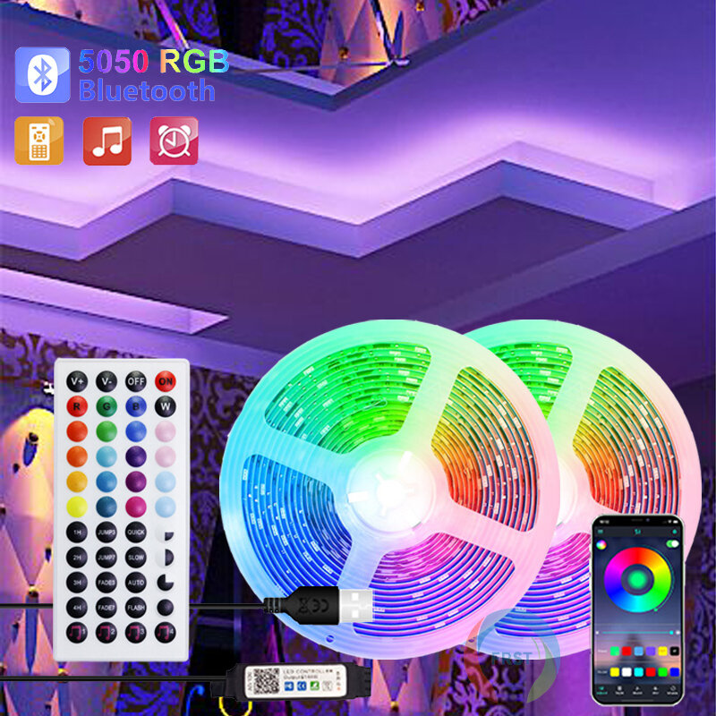 Faixa LED RGB colorida para decoração do quarto, fita de iluminação de néon, luz de fundo para PC e TV, fita LED 5050, 10m, 15m, 20m, 30m