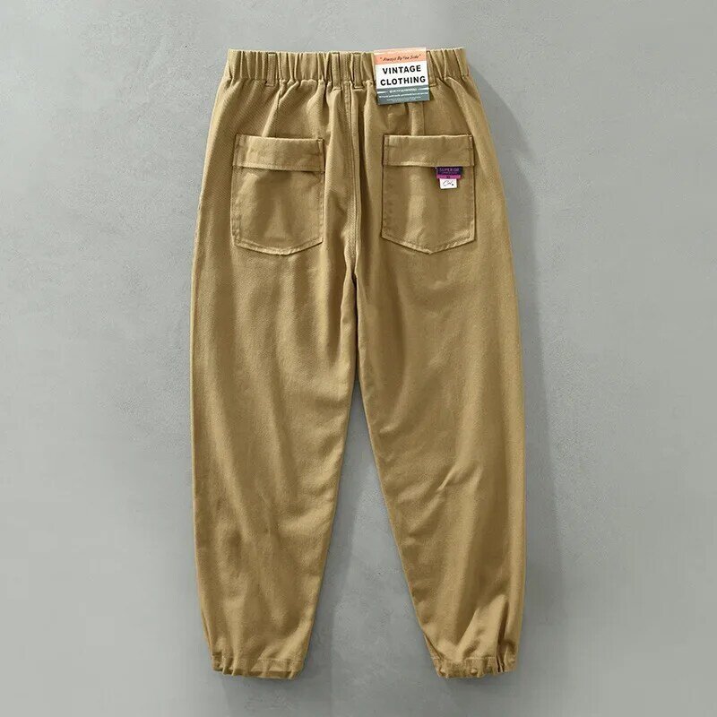Japanese Retro Cargo Pant Men Pure Cotton Loose Casual Pants Drawstring Tied-ankle Gray Pants Youth Fashion Streetwear Versatile
