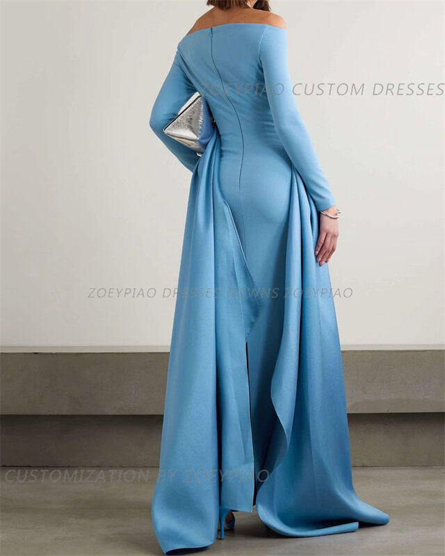 Sky Blue Women Evening Dresses Long Sleeve Silk Satin Mermaid Formal Prom Dress Floor Length Evening Party Gowns Vestidos