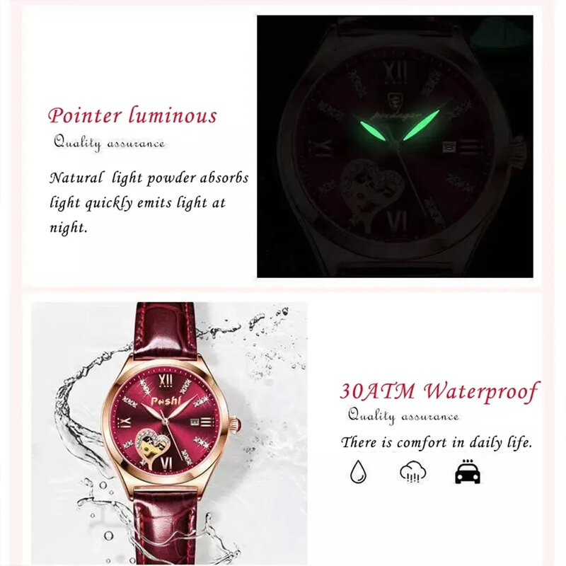 POSHI-Relógios quartzo casual feminino, pulseira de couro, relógio de pulso diamantado com data, relógio feminino confortável, moda
