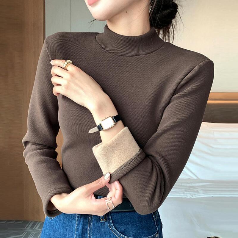 Simple Women Tops Elegant Thicken Velvet Lined Winter Sweater Slim Fit Knitwear Jumper with Half High Collar for Women Warm