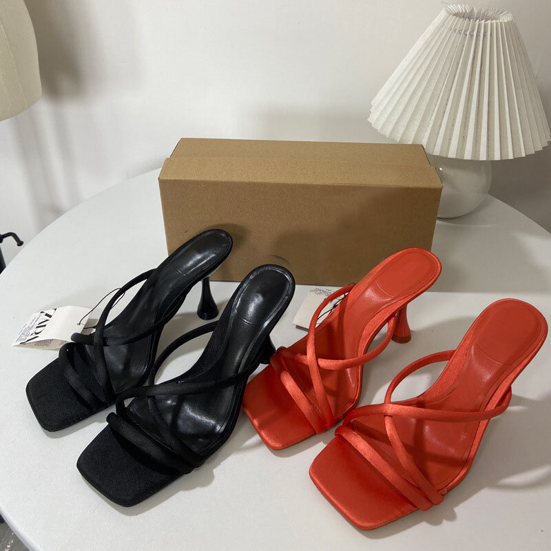 Zapatos de tacón alto con punta cuadrada para mujer, Sandalias de tacón abierto con correa, a la moda, 2024