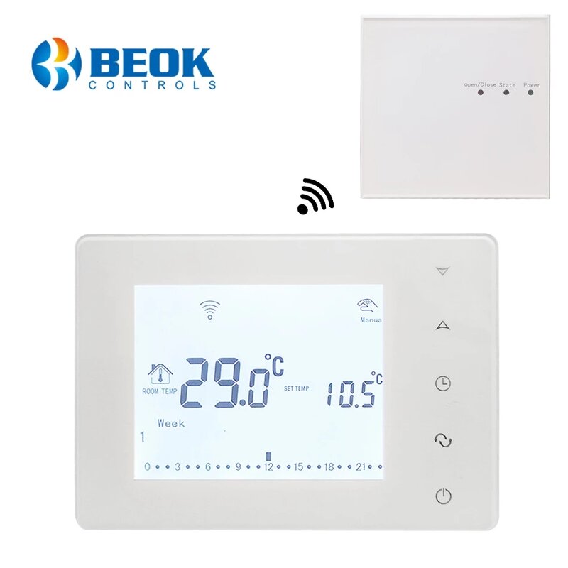 Bezprzewodowy termostat Beok Programowalny regulator temperatury z ekranem dotykowym do ogrzewania pomieszczeń z kotłem gazowym i siłownikiem