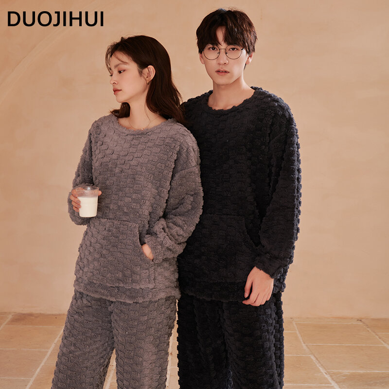 DUOJIHUI Classic Solid Color Chicly Pocket Female Pajamas Set Winter Flannel Basic Loose Simple Casual Fashion Pajamas for Women