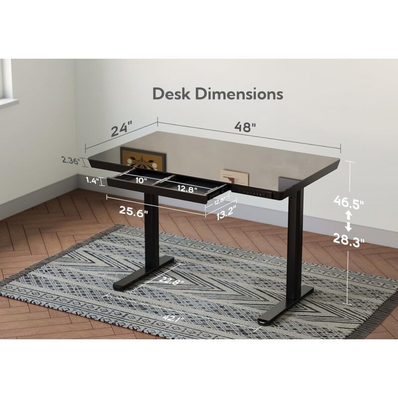 Mesa de vidro com gavetas, Elétrica Stand Up Desk, Portas USB, Mesa de altura ajustável para Home Office, 48x24"